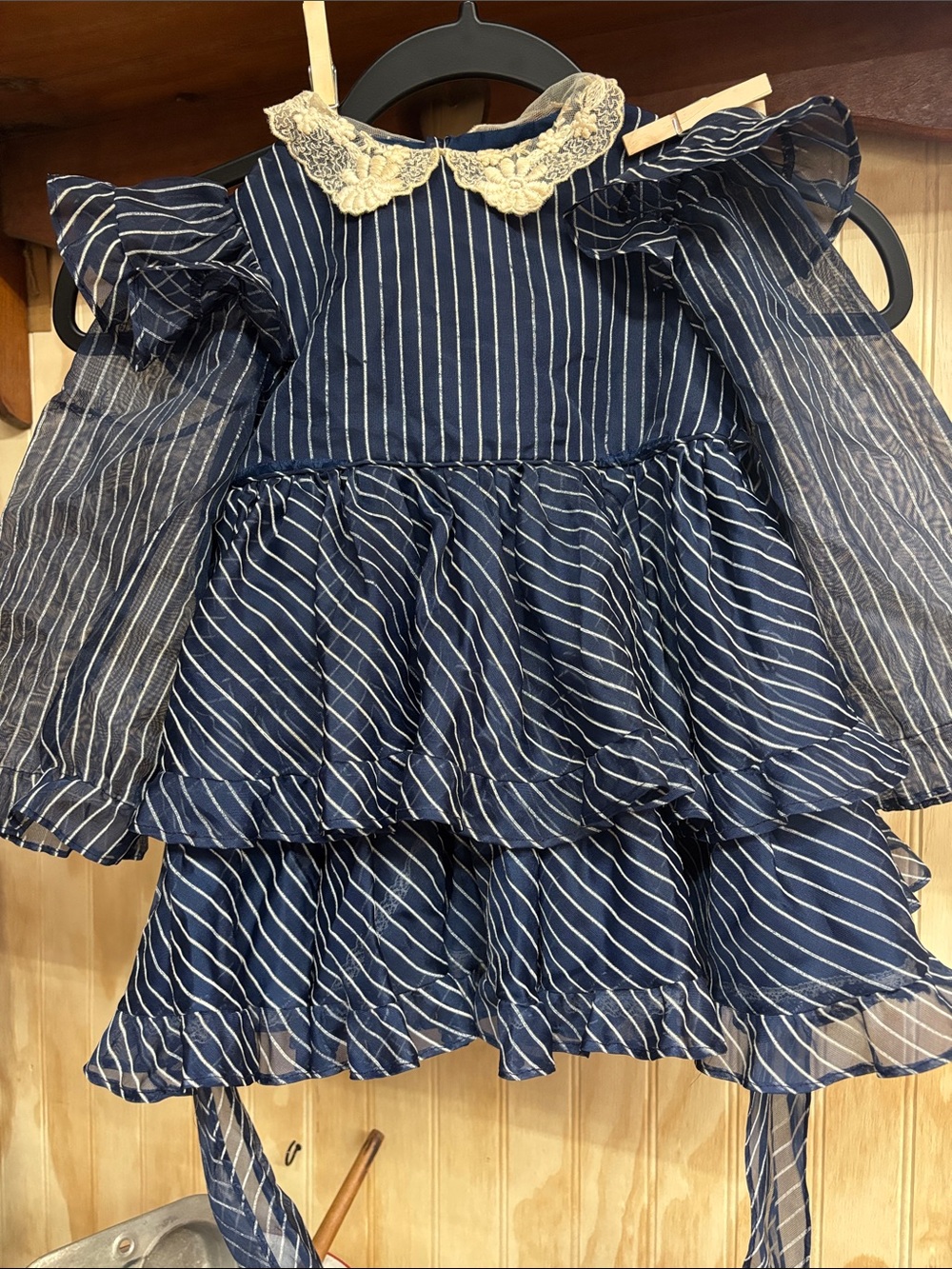 Vintage Girls Navy Striped Tiered Dress with Lace Collar